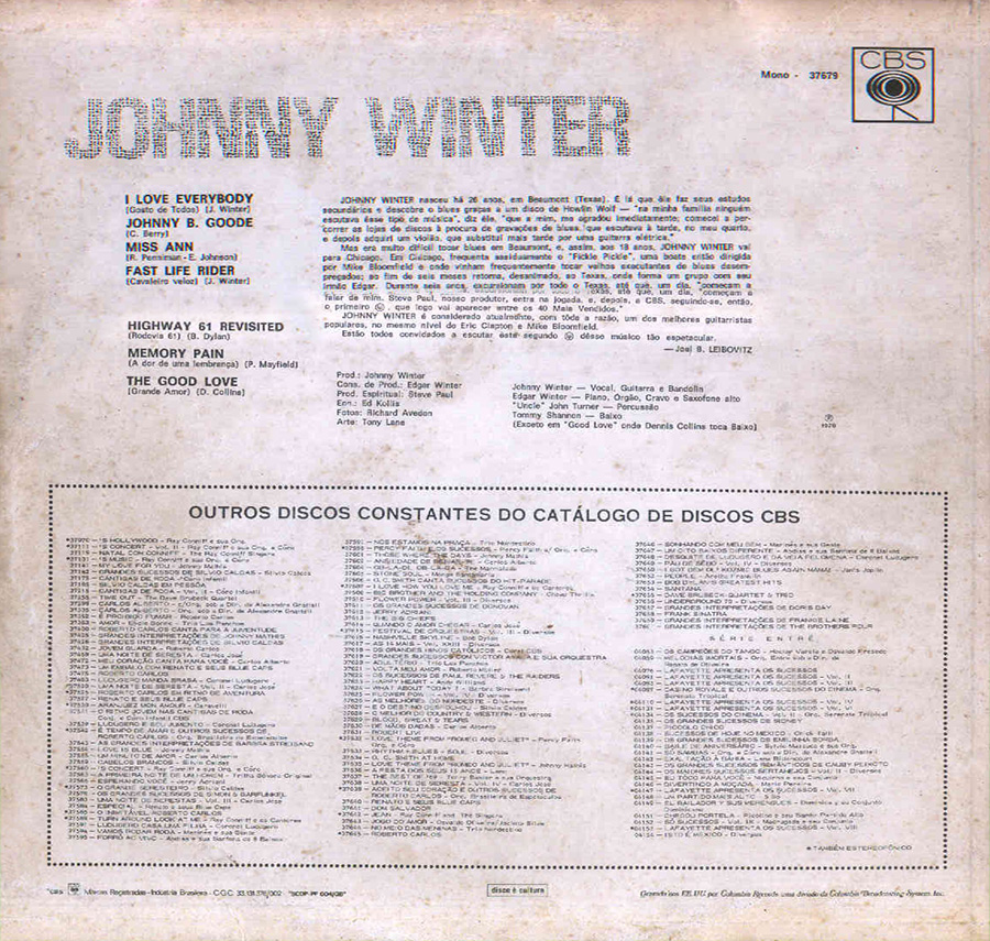 JOHNNY WINTER - Second Winter back cover